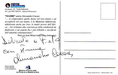 cartolina per l'africa con una dedica tutta per me dall'artista a.cacace